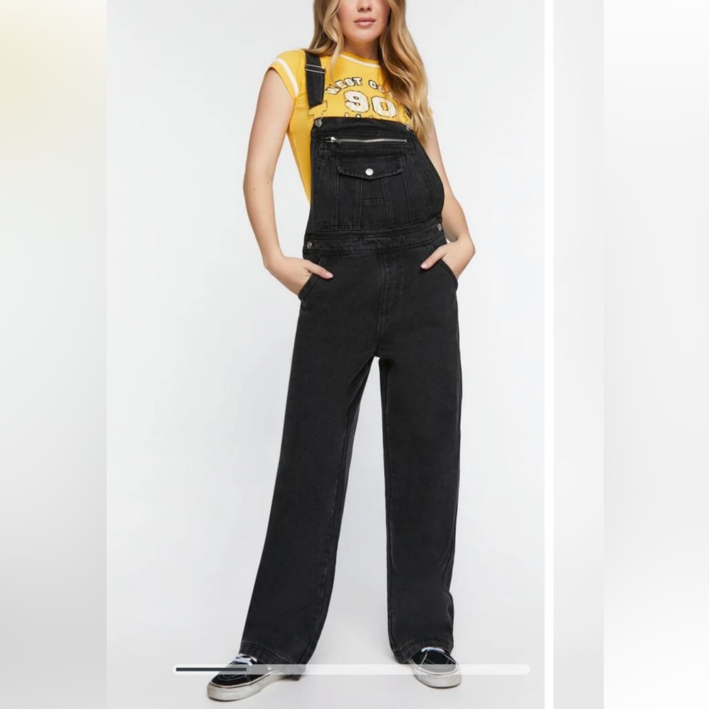Forever 21 Black Straight-Leg Long Overalls M